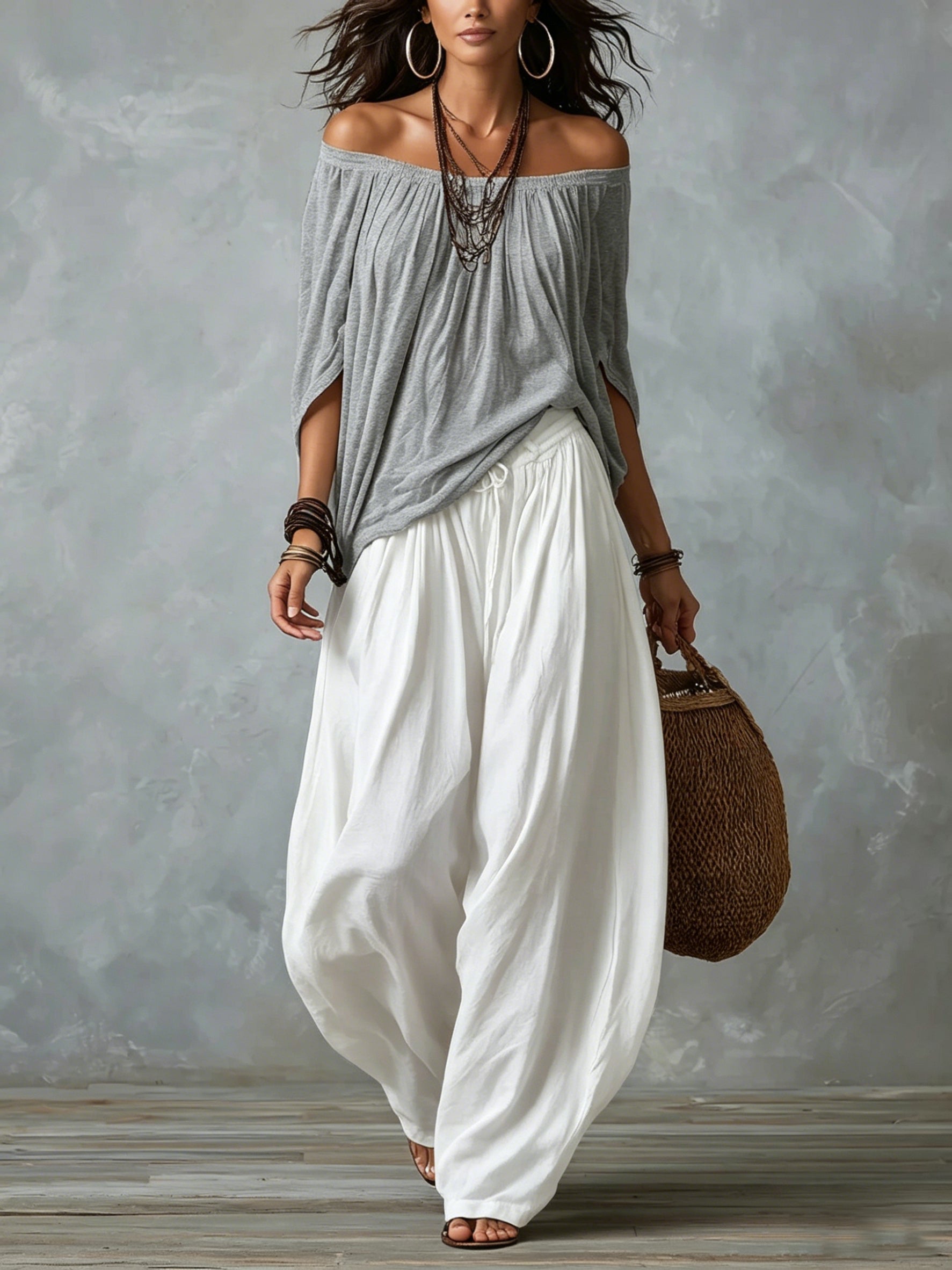 Women Boho Off-Shoulder Blouse &amp; Harem Pants Set