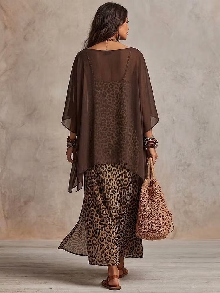 Women Bohemian Leopard Print Layered Maxi Dress