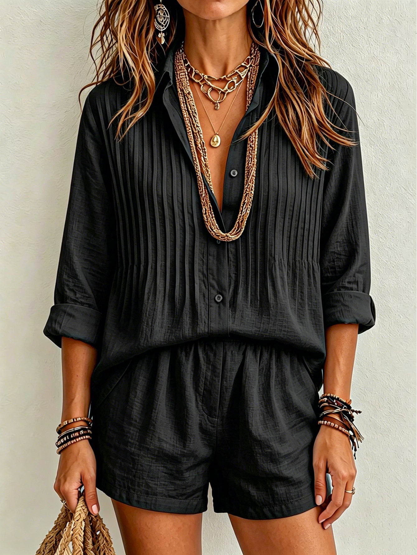 Women 2 Piece Linen Set Pleated Roll Sleeve Button Down Shirt Elastic Waist Shorts Casual Summer Outfit