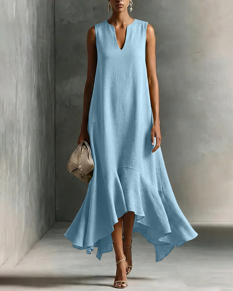 Minimalist Loose V-neck Sleeveless Ruffled Dress