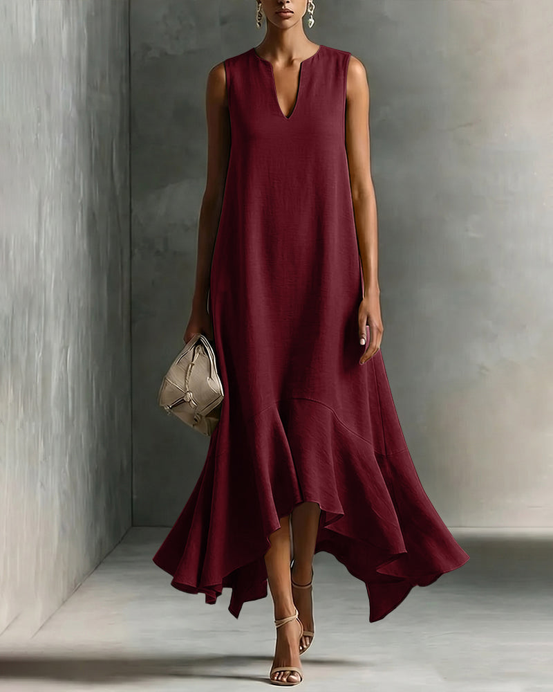 Minimalist Loose V-neck Sleeveless Ruffled Dress