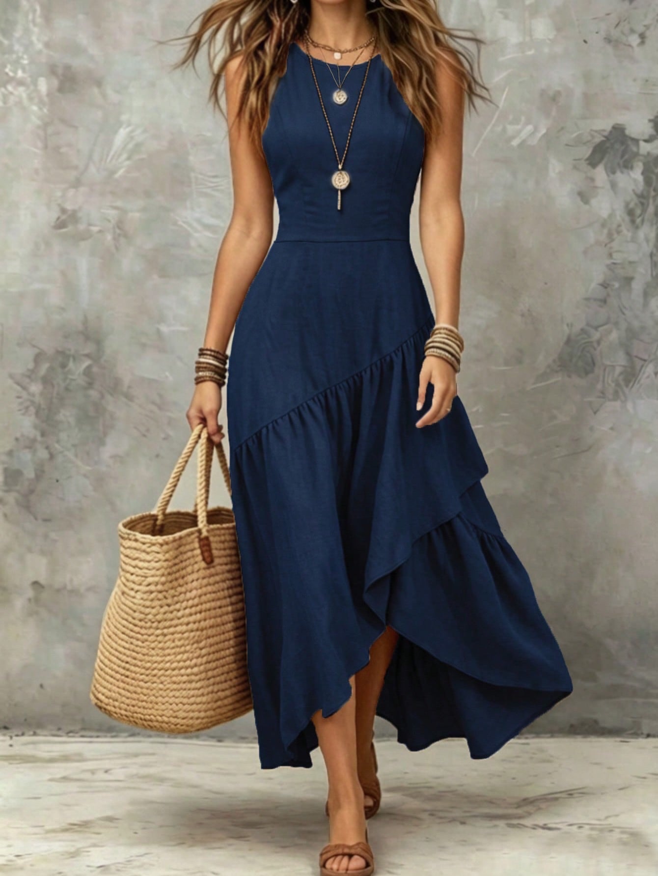 Women Elegant Asymmetrical Ruffle Maxi Dress